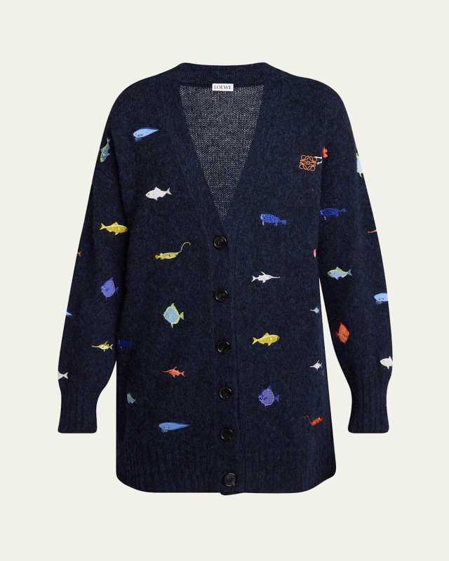Fish And Diver Embroidered Wool Cardigan